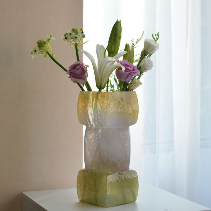 Stacked Square Art Glass Decorative Vase with Layered Blown Blocks