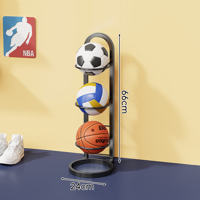 Vertical Sports Ball Storage Rack with Four Hoop Holders and Slim Metal Frame