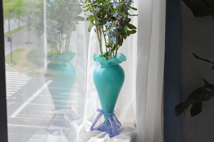 Tall Hand-Blown Fluted Glass Vase with Ruffled Rim & Rounded Pedestal Base