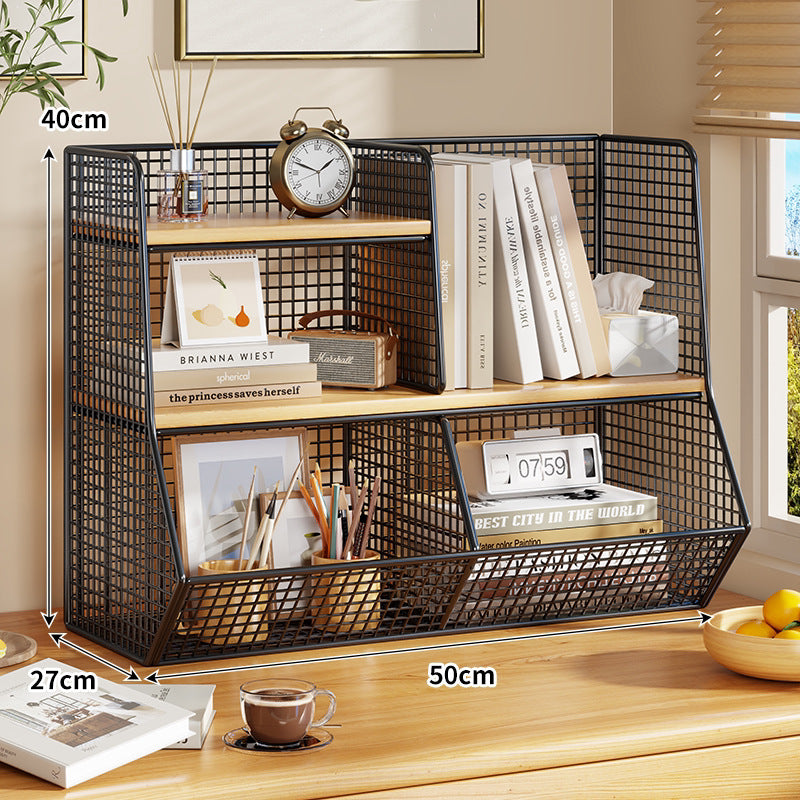 Multi-Tier Metal Mesh Desktop Organizer Shelf with Angled Front Basket
