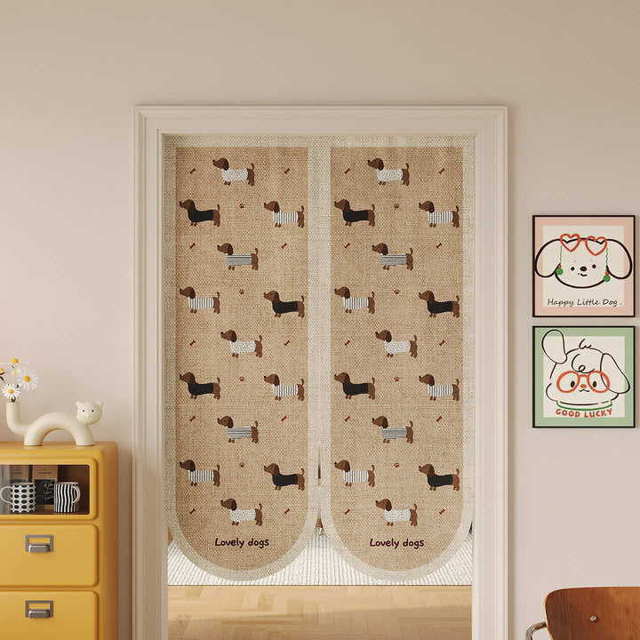 Split Noren Door Curtain Linen-Blend Dachshund Pattern Privacy Panel