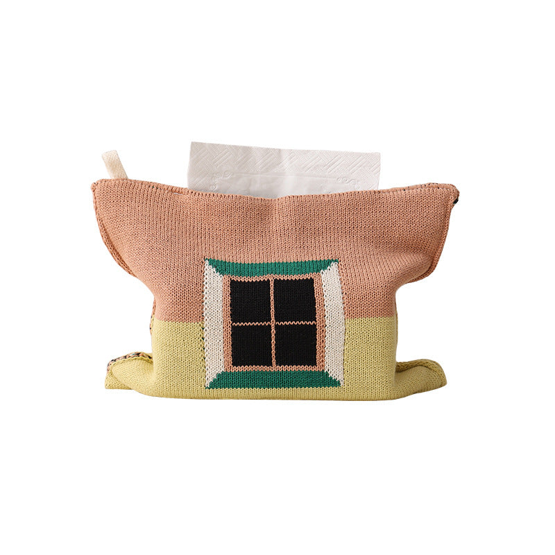 Knitted tissue box cover with geometric jacquard pattern and zipper