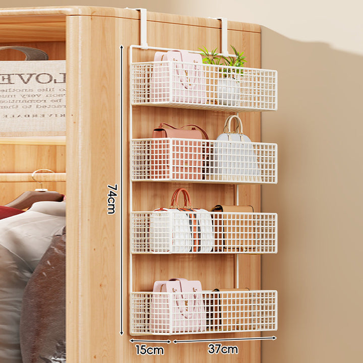 Over-the-Door Metal Grid Hanging Organizer with Four Stackable Baskets and Hooks