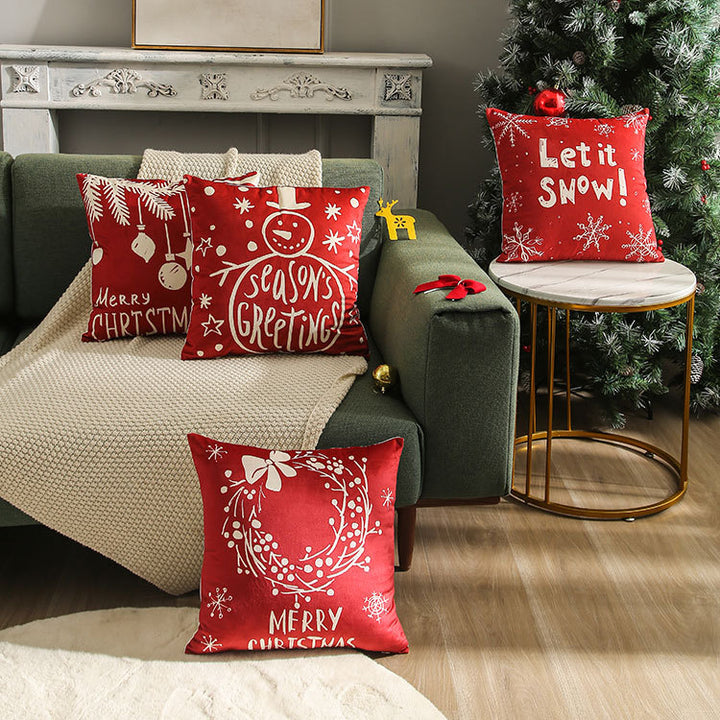 Festive Velvet Square Throw Pillow Cover with Snowman Seasonal Script