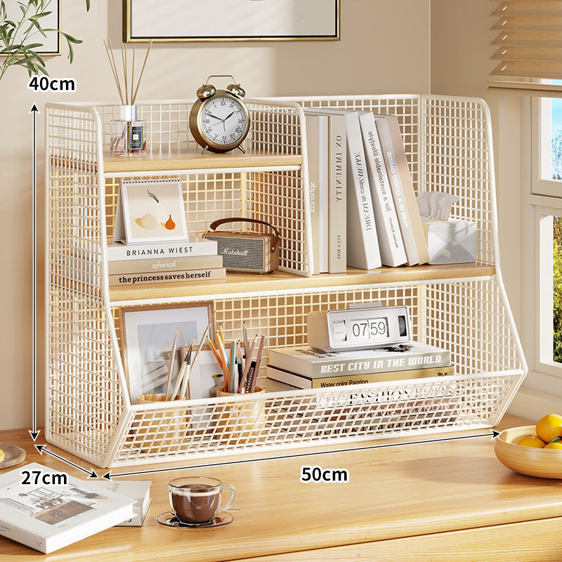 Multi-Tier Metal Mesh Desktop Organizer Shelf with Angled Front Basket