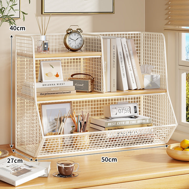 Multi-Tier Metal Mesh Desktop Organizer Shelf with Angled Front Basket