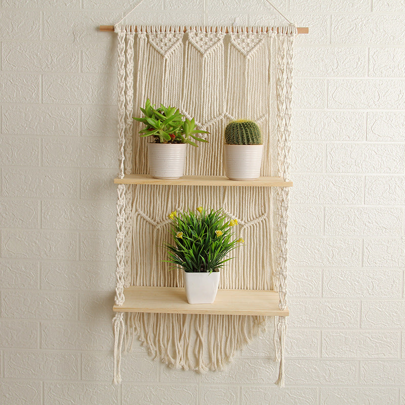 Decorative Wall-Mounted Macrame Shelf with Natural Wooden Accents