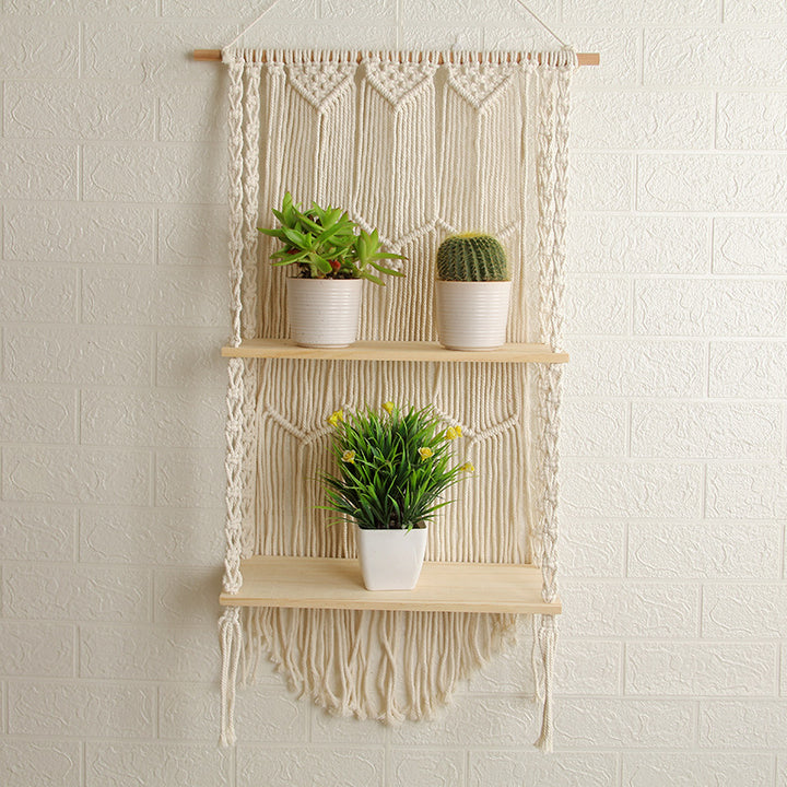 Decorative Wall-Mounted Macrame Shelf with Natural Wooden Accents