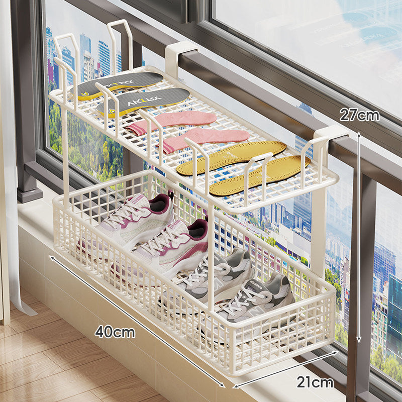 Hanging Balcony Two-Tier Shoe and Insole Organizer Rack with Mesh Baskets and Adjustable Hooks