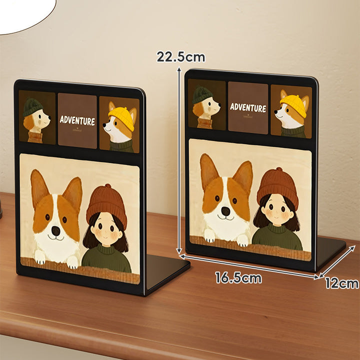 L-Shaped Metal Desktop Bookend with Integrated Photo and Card Display