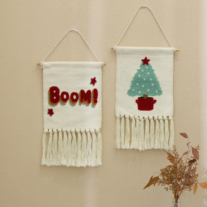 Woven cotton blend wall hanging with tufted cactus motif and cotton fringes