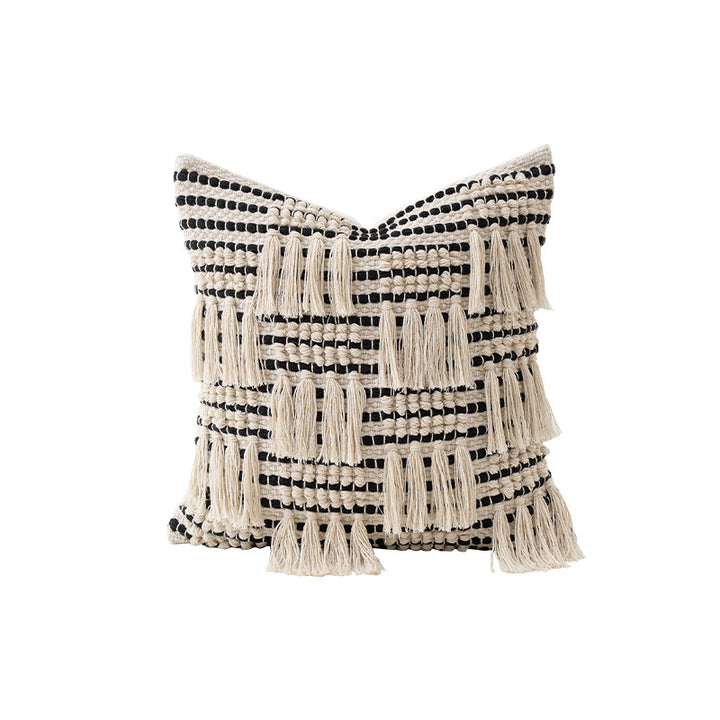 Woven decorative cushion cover with hand-tufted tassels and concealed zipper