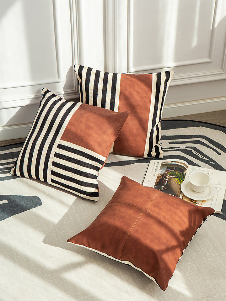 Square faux leather cushion cover with cross seam and concealed zipper