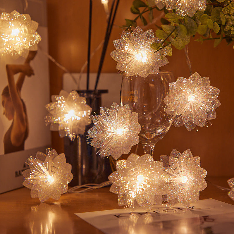 Decorative flower-shaped LED garland with fiber optic glitter for table and shelf