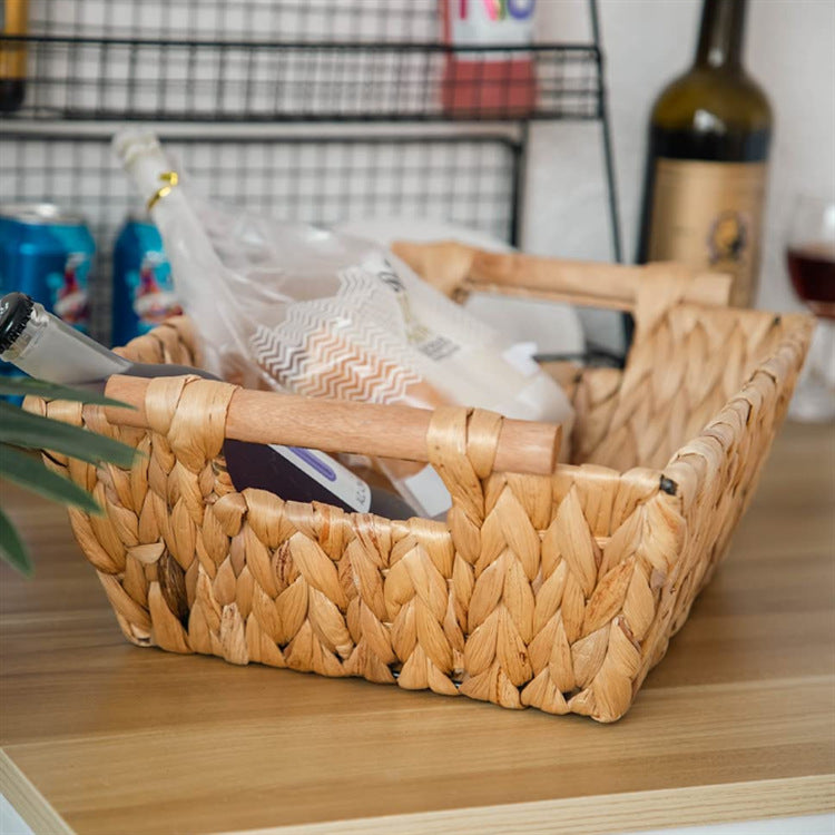 Braided storage basket with wooden handles