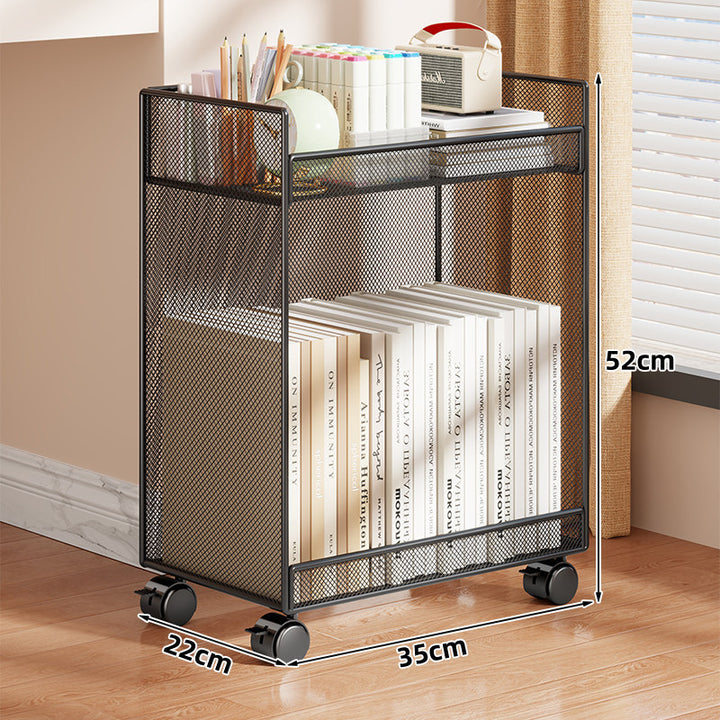 Two-Tier Metal Mesh Desktop Bookshelf Organizer with Open Grid Panels and Anti-Slip Base