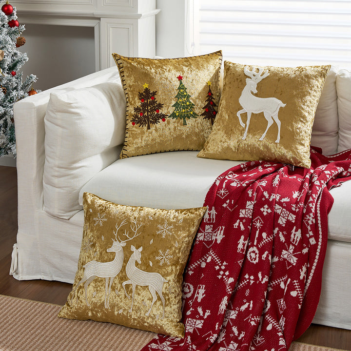 Decorative Velvet Throw Pillow with Appliqué Reindeer Motif