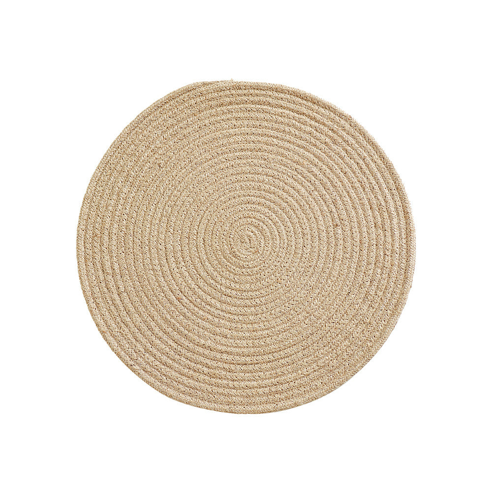 Round carpet made of braided jute with spiral structure and flat weaving