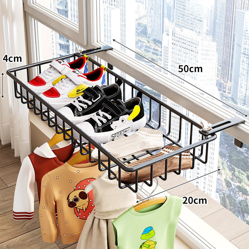 Over-Window Slide-Out Drying Rack with Wire Basket and Under-Hanger Rod