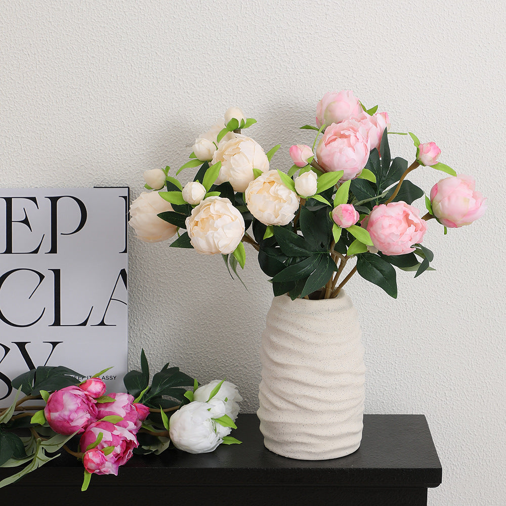 Artificial peony stem with lifelike flowers and leaves