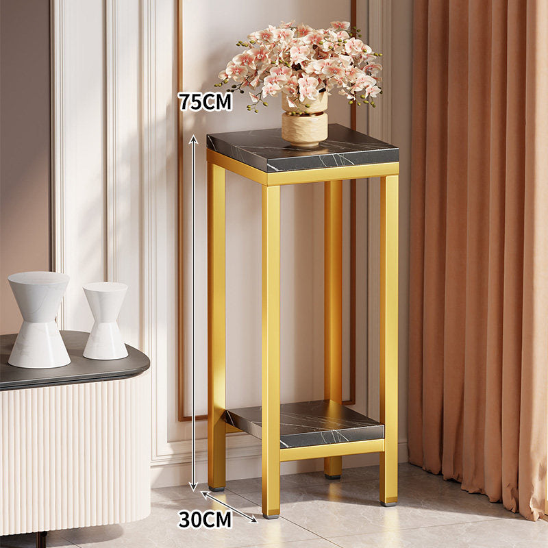 Tall Narrow Marble-Top Plant Stand Side Table with Lower Shelf and Gold Metal Frame