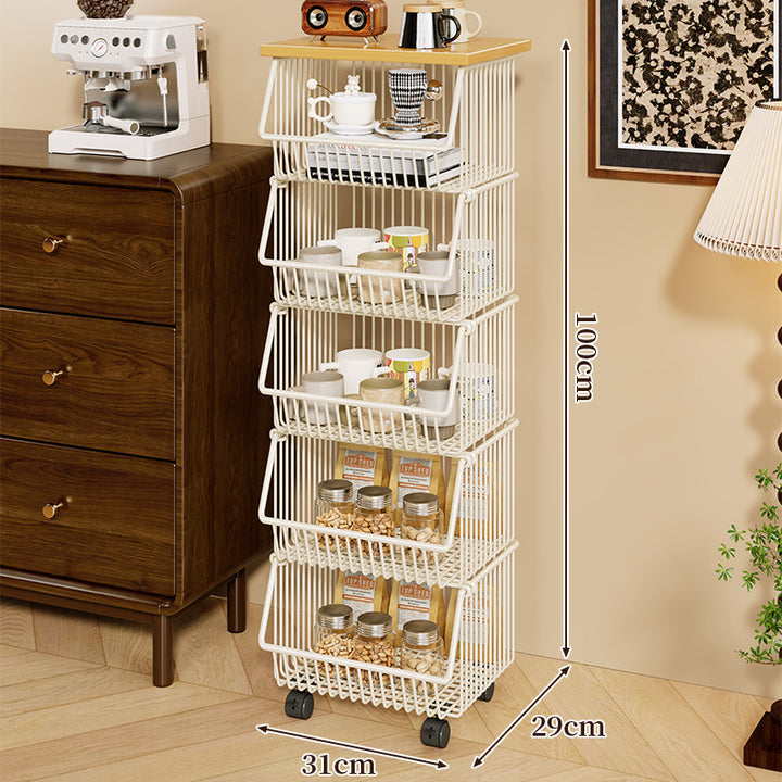 Four-Tier Industrial Wire Basket Cart with Wood Top and Swivel Locking Casters