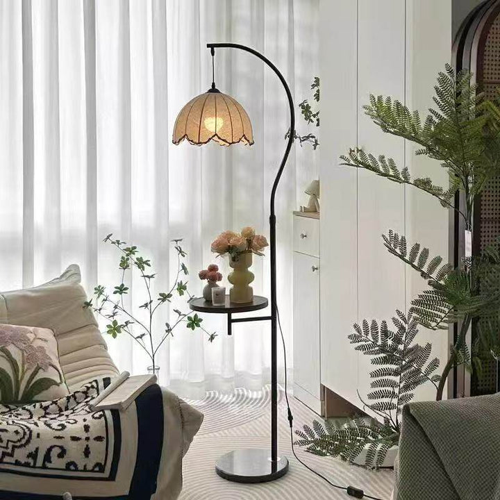 Stylish arc floor lamp with integrated side table