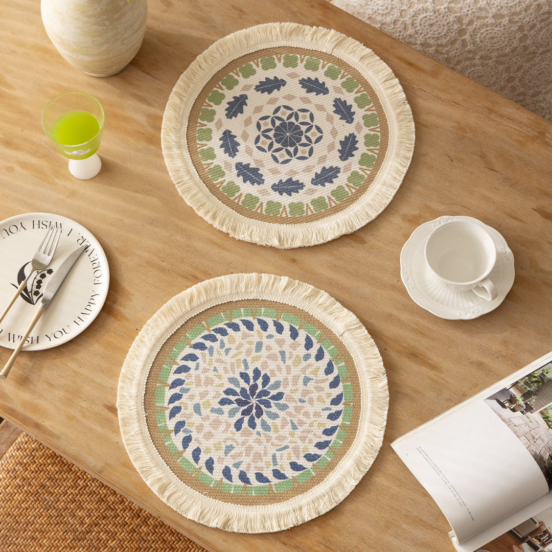 Round handmade woven decorative rug with fringes and botanical pattern