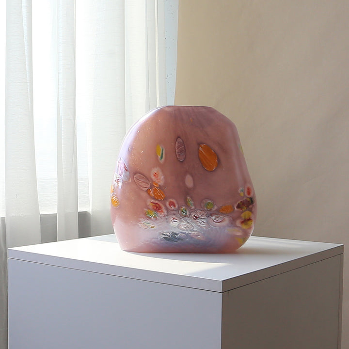 Sculptural Flat-Oval Hand-Blown Art Glass Tabletop Vase