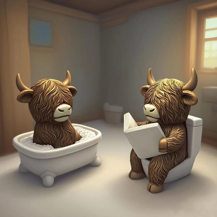 Funny decorative figure of a Highland cow in a bathtub