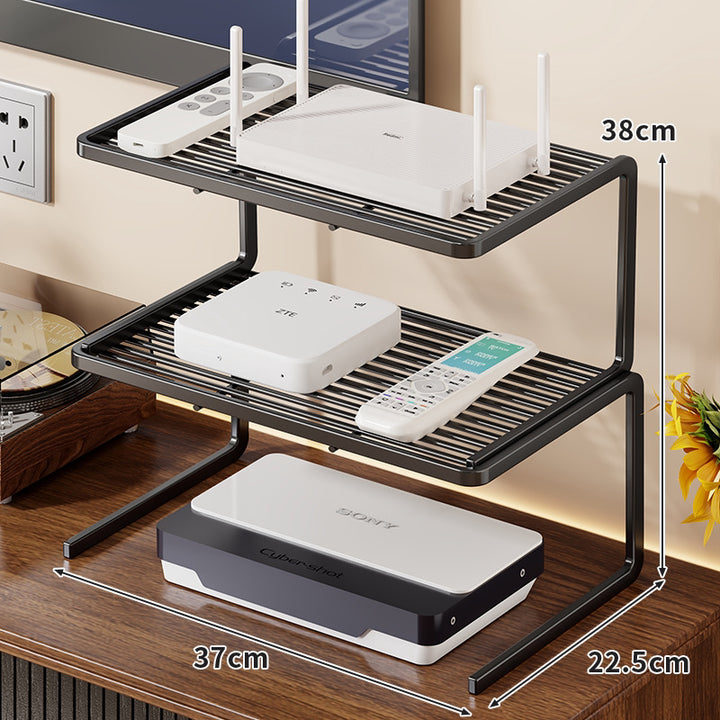 Two-Tier Ventilated Metal Electronics Organizer Shelf for Routers, Set-Top Boxes and Remotes