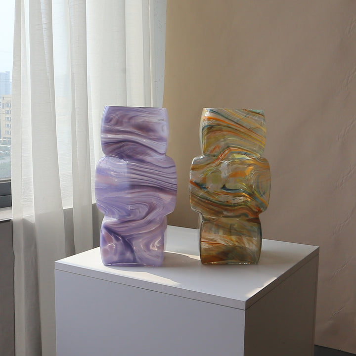 Mouth-Blown Multi-Swirl Art Glass Sculptural Floor Vase