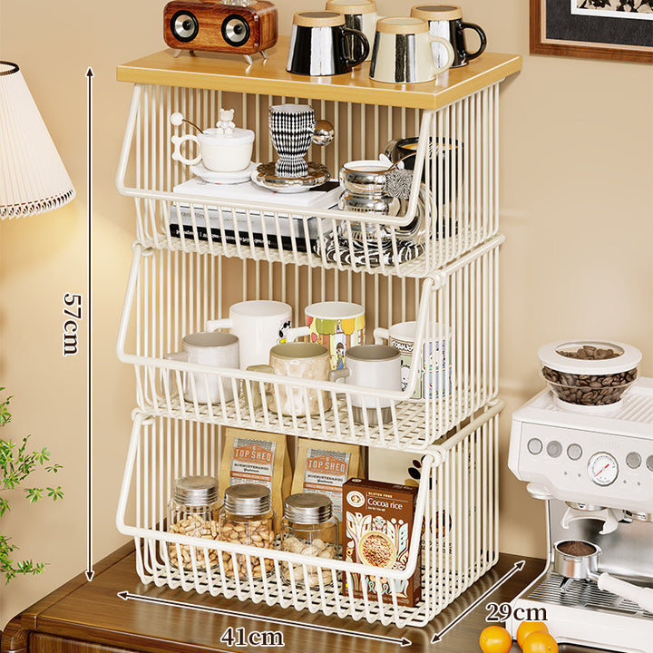 Four-Tier Industrial Wire Basket Cart with Wood Top and Swivel Locking Casters