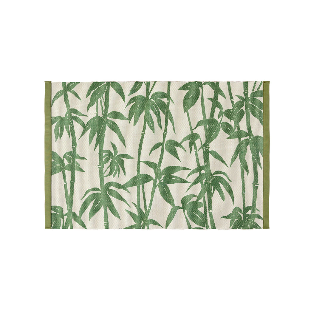 Woven table runner with floral vinyl print look and reinforced overlock stitching