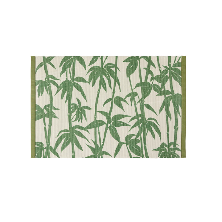 Woven table runner with floral vinyl print look and reinforced overlock stitching