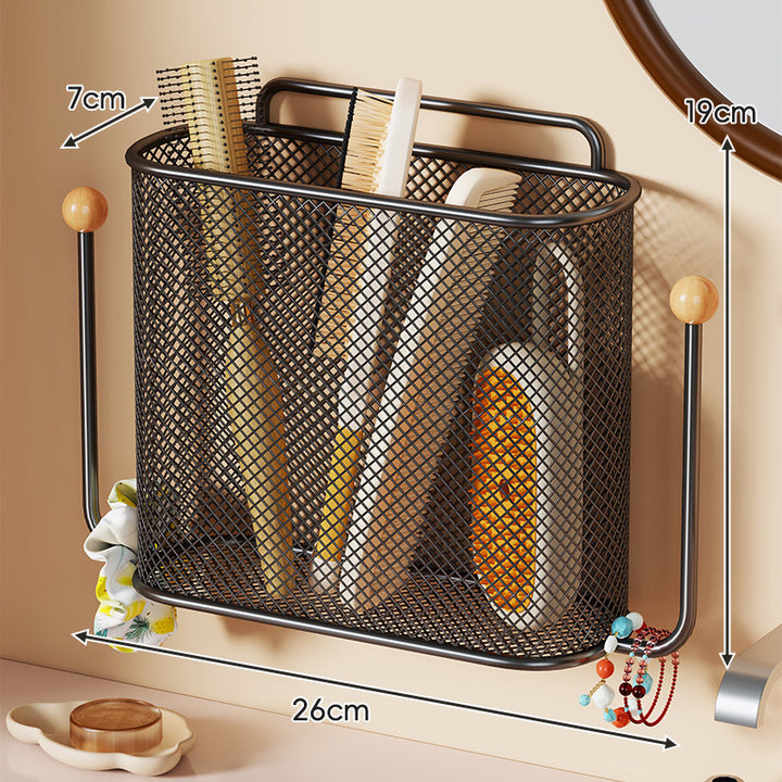 Wall-Mounted Diamond Mesh Vanity Basket Organizer with Dual Side Hooks and Curved Top Rail