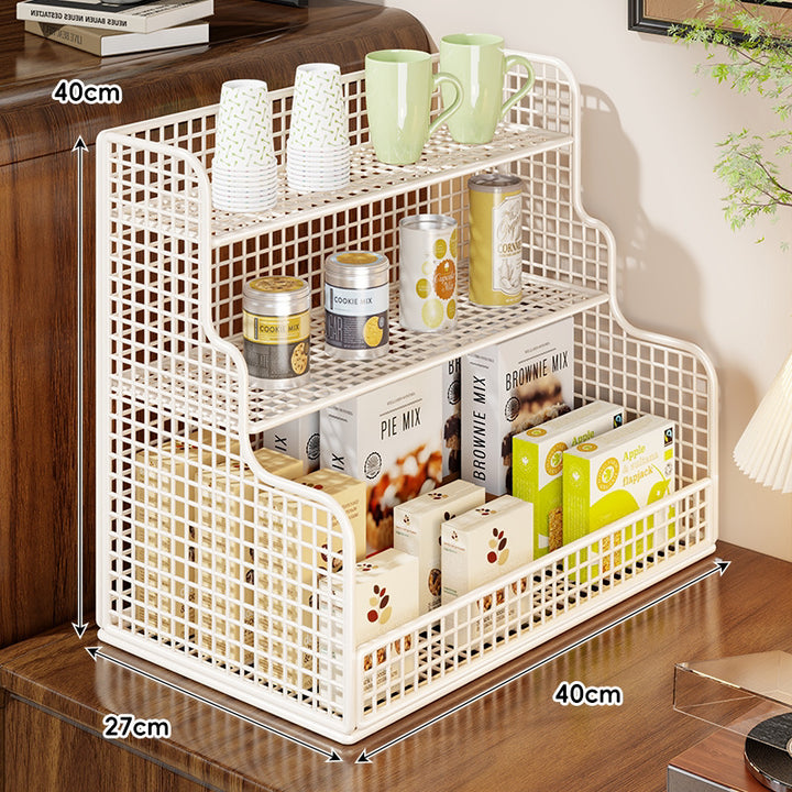 Multi-Tier Mesh Metal and Bamboo Countertop Pantry Organizer Shelf