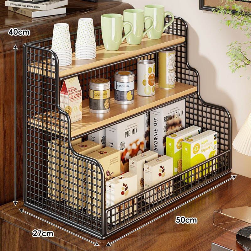 Multi-Tier Mesh Metal and Bamboo Countertop Pantry Organizer Shelf