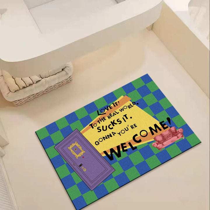 Retro Illustrated Welcome Doormat with Printed Door and Couch Design