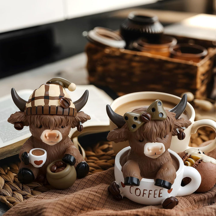 Decorative figure of a Highland cow with accessories