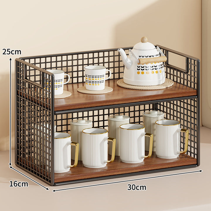 Three-Tier Wire Grid Countertop Display Shelf with Faux-Wood Removable Trays