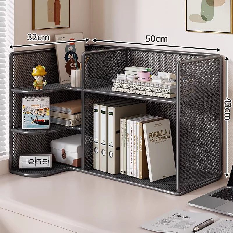 Corner Mesh Metal Desktop Organizer with Multi-Tier Shelves and File Slots