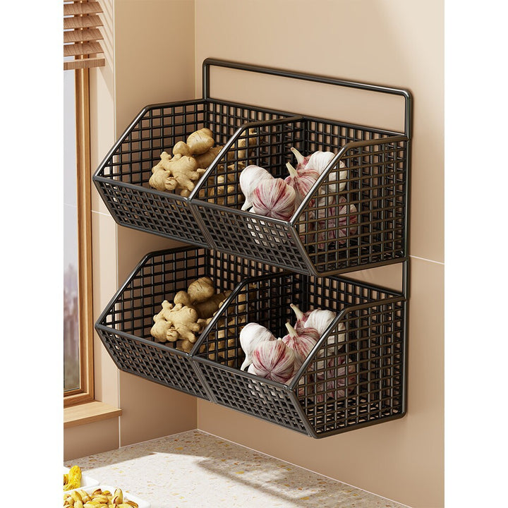 Wall-Mounted Double-Tier Grid Mesh Kitchen Storage Basket Organizer