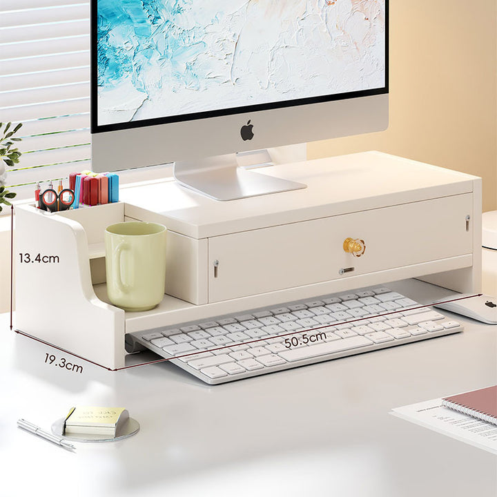 Wooden Monitor Riser with Lockable Drawer and Pen Organizer