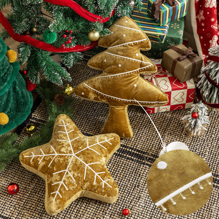 Rectangular velvet cushion cover with embroidered Christmas ornaments