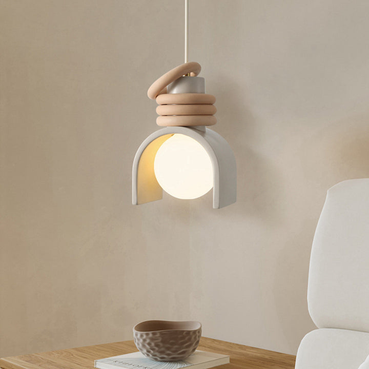 Scandinavian Arch-Shade pendant lamp with wood ring accents and frosted globe