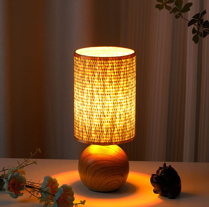 Beef Wood Base Woven Rattan Umbrella Table Lamp