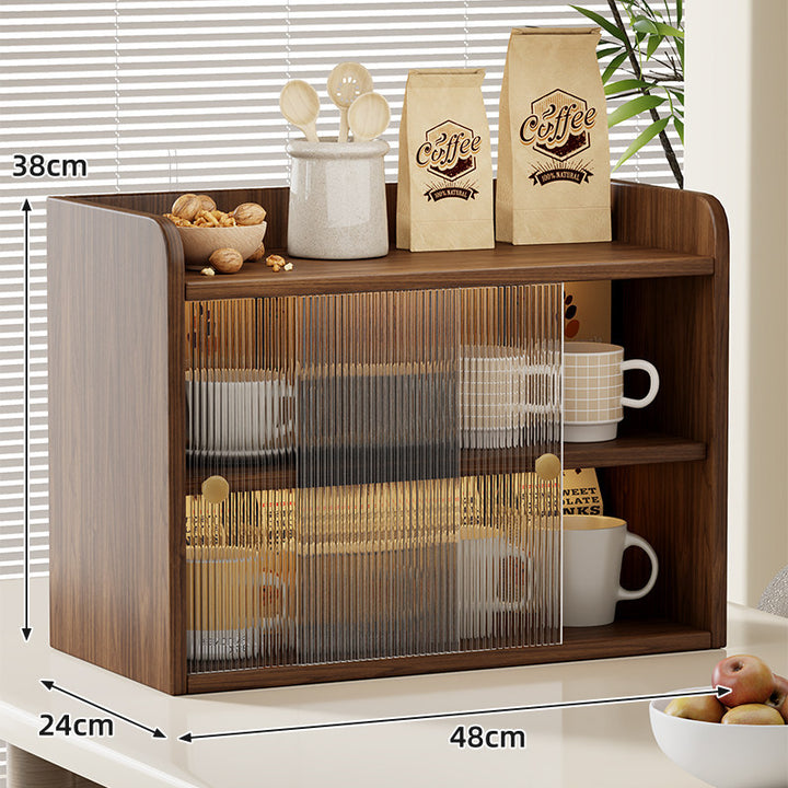 Countertop Wooden Kitchen Storage Cabinet with Sliding Smoky Glass Doors