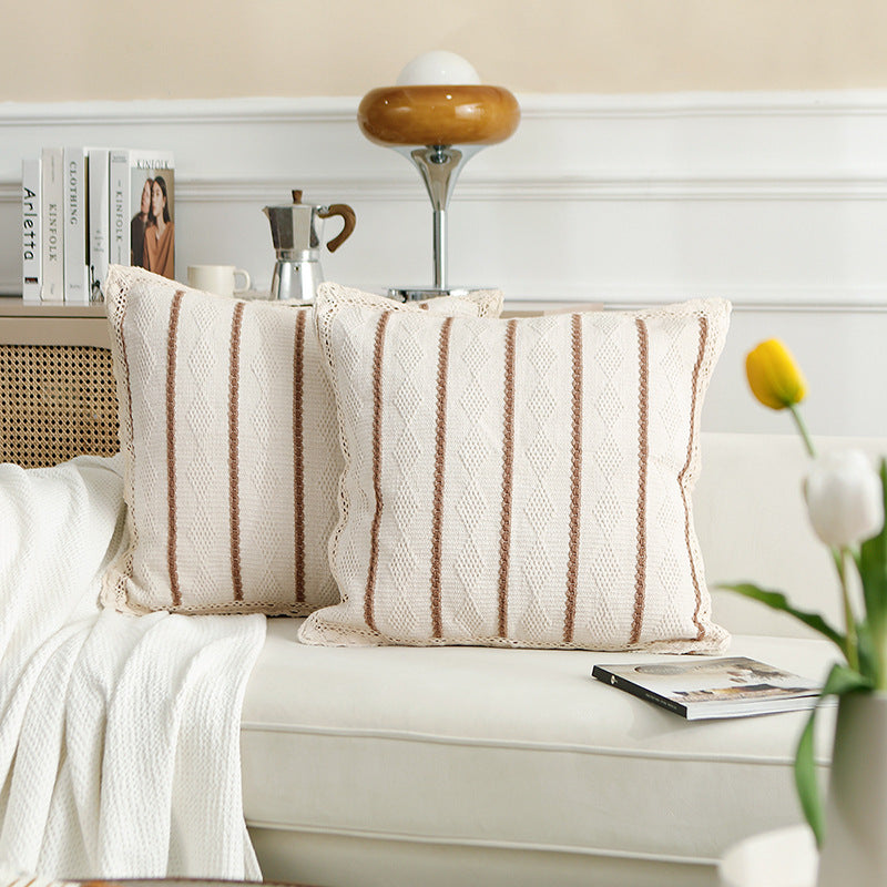 Decorative cushion cover made of cotton-linen with crocheted edge and textured stripes