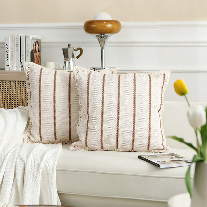 Decorative cushion cover made of cotton-linen with crocheted edge and textured stripes
